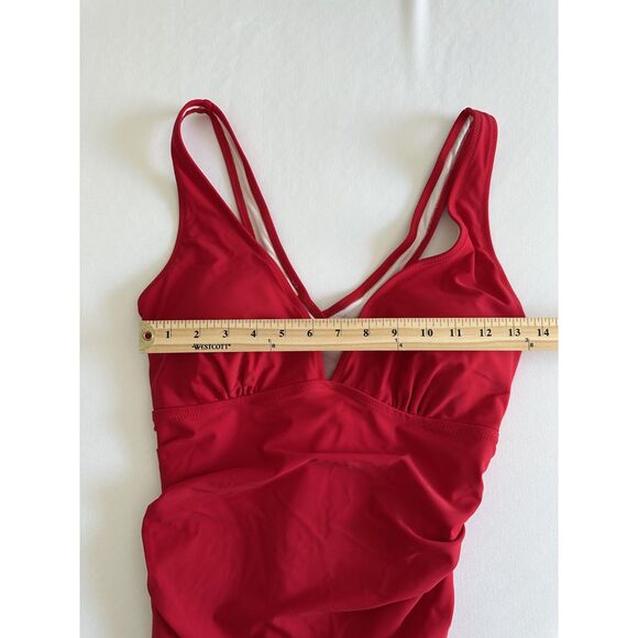 Women’s Red One Piece Swimsuit XL Ruched Tummy Control V Neck Cross Back - Picture 4 of 5